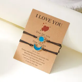 Couples Bracelet Set - Sun & Moon Alloy Charm, Blue Enamel, Adjustable Braided Cord, Romantic Gift for Her & Him, 18cm