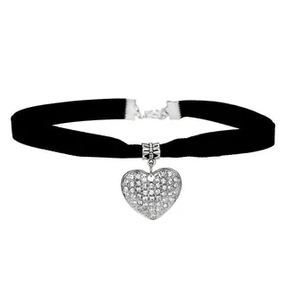 Rhinestone Heart Pendant Velvet Choker Necklace, White Gold Plated Alloy with Black Velvet Band, Adjustable 34+5cm Sweet Cool Statement Collar for Women