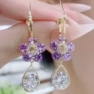 Purple Flower Teardrop Dangle Earrings, 18K Rose Gold Plated Alloy with Rhinestone Micro-Pavé, Elegant Bridal & Party Drop Earrings, 1.7x4.5cm, Pair