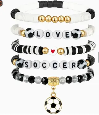 Soccer Bracelet Set of 5 - Black & White LOVE SOCCER Letter Clay Beads, 18K Gold Plated Alloy, Football Charm, Sporty Stackable Bracelets for Couples & Fans