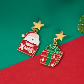 Christmas Santa Claus Dangle Earrings, Asymmetric Star Drop Earrings with Merry Xmas Enamel Charm, 18K Gold Plated Alloy Holiday Jewelry Gift for Women