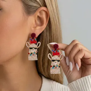 Christmas Alpaca Sunglasses Earrings - Pearl & Color Zircon Alloy Dangle Earrings with Gift Box Pom Pom, Festive Animal Drop Earrings for Women