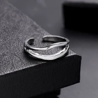 Adjustable Open Ring for Women, Double Band Hammered Silver Plated Alloy Ring, Minimalist Stackable Finger Ring, 1.7cm Resizable