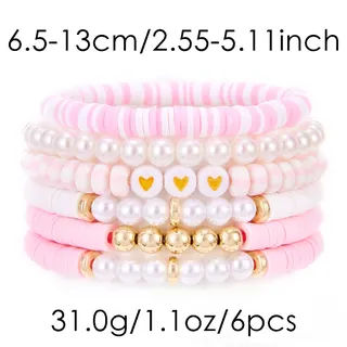 6pcs Pink Pearl Beaded Bracelet Set - Soft Clay Heart Charm & Gold Accents, Adjustable Stretchy Beaded Bracelets for Women Girls, Sweet Kawaii Gift