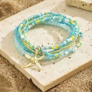 Beach Boho Beaded Ankle Bracelet with Gold Starfish Charm, White Seed Bead Multi-Strap Foot Chain, Alloy + Beads, 22cm, Summer Ocean Jewelry for Women