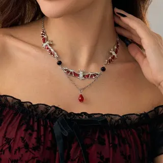 Halloween Bat Crystal Necklace, Gothic Dark Red Black Alloy Pendant Choker, White K Plated, 36+5cm Adjustable, Party Cosplay Jewelry for Women