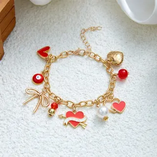 Valentine's Day Heart Charm Bracelet, Sweet Strawberry & Bow Enamel Beaded Bracelet, 18K Gold Plated Alloy Adjustable Extender Chain 18+5cm, Gift for Women Girls