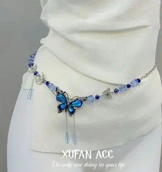 Blue Butterfly Waist Chain for Women - Elegant Crystal Tassel Belt, Alloy Plated, 85cm Adjustable, Dress Accessory