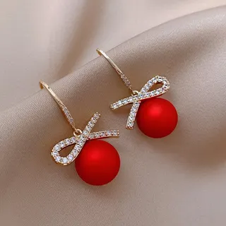 Red Bow Rhinestone Drop Earrings, 18K Gold Plated Alloy with Imitation Pearl, Hypoallergenic Silver Post, Sweet Elegant Dangle Earrings for Women