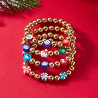 Christmas Clay Bead Bracelet Set of 4 - Gold Crystal Bead Charm Bracelets with Cute Snowman & Candy Cane Charms, Adjustable 18cm, Holiday Gift for Women Couples