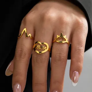 Stainless Steel Gold Ring Set of 3 - Heart MUM + Eye + Lightning Line Open Rings, Hypoallergenic Tarnish-Free, Y2K Trendy Stackable Rings for Women