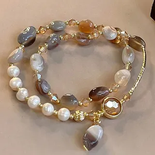Bohemian Double Layer Beaded Bracelet - Pearl & Brown Crystal Stone with 18K Gold Plated Alloy, Vintage Stacking Wristband for Women
