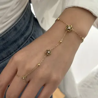 Rose Zircon Finger Chain Bracelet, 18K Gold Plated Stainless Steel Hand Chain, Hypoallergenic Fashion Jewelry for Women