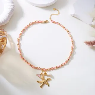 Seahorse Starfish Umbrella Fish Stainless Steel Necklace Women Gold Iridescent Plating Ocean Vacation Cute Pendant Chain 40+5cm Adjustable Hypoallergenic