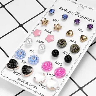 12 Pairs Fashion Earrings Set - Colorful Pink Star Flower Heart Studs, Alloy with Rhinestone & Enamel, Monthly Birthday Gift Jewelry Card Pack