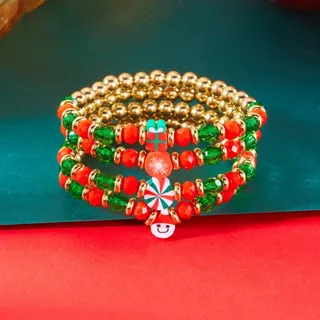 Christmas Beaded Bracelet Set - Soft Clay Charm & Crystal Round Beads Multi-Strand, Red Green Gold Holiday Gift, 18cm Cute Gift Box Snowflake Candy Cane Design