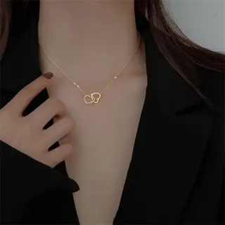 Double Heart Clavicle Chain Necklace for Women, Gold Plated Alloy Delicate Chain with Interlocking Heart Pendant, 45cm, Elegant Gift for Her