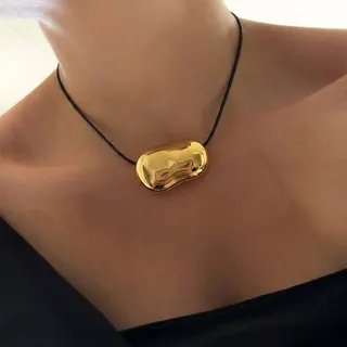 Irregular Flat Mirror-Finish Leather Cord Necklace, Gold Plated Alloy Liquid Pebble Pendant, Minimalist Luxury Choker 60cm