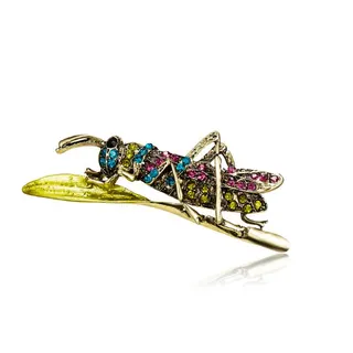 Vintage Grasshopper Brooch, Alloy Enamel & Hand-Set Rhinestone Insect Pin, Antique Gold Leaf Design, 2.6x7cm Suit Coat Accessory
