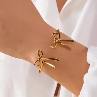 Butterfly Knot Bracelet for Women, 18K Gold Plated Stainless Steel Open Bangle with Micro Paved Zircon, Sweet French Chic Gold Cuff, Hypoallergenic Tarnish Free, 6.0cm