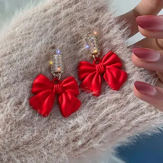 Red Bow Drop Earrings with Rhinestone & Zircon, Alloy 18K Gold Plated, Hypoallergenic Silver Post, Sweet French Vintage Butterfly Knot Earrings for Christmas Wedding Bridesmaid, 4.2x3.2cm Pair