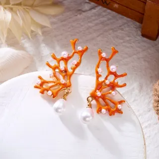 Coral Branch Pearl Drop Earrings - Orange Ocean-Style Alloy Earrings with Micro-Set Pearls & Teardrop Pearl Dangle, Boho Vacation Statement Earrings for Women