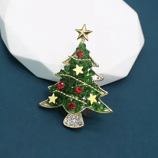 Christmas Tree Brooch for Women, Rhinestone Crystal Holiday Pin, 18K Gold Plated Alloy, Green Red Star Topper, Festive Coat Sweater Accessory Gift