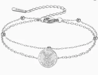 Stainless Steel Bracelet for Women - Silver Double Chain with Beads & Engraved Medallion Charm, Adjustable 15+5cm, Hypoallergenic Tarnish-Free Vintage Luxury Bangle