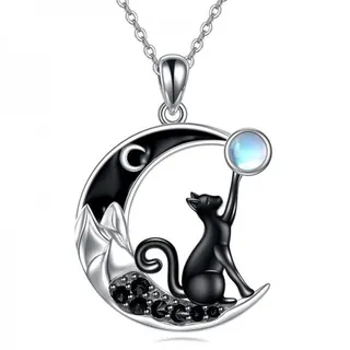 Black Cat Moon Necklace with Blue Moonstone, Enamel Crescent Pendant, Rhinestone Inlay, Silver Plated Alloy Choker for Women, Gift