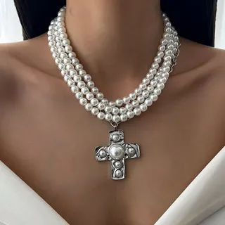 Vintage Cross Pendant Necklace Women Multi-Layer Pearl Beaded Choker Gold Plated Alloy Religious Style Layered Chain 40+7cm