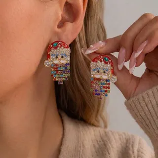 Christmas Santa Rhinestone Tassel Earrings, 18K Gold Plated Alloy with Zircon & Pearl Dangle, Festive Holiday Drop Earrings for Women, 4x2.5cm