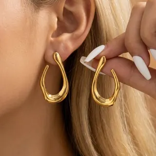 Stainless Steel Geometric Drop Earrings - Gold Irregular Teardrop Hoop, Mirror Polished Hypoallergenic Fashion Jewelry for Women