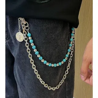 Turquoise Double Layer Waist Chain Belt - Vintage Boho Street Hip-Hop Style, Natural Stone Beads + Alloy Silver Chain with Coin Charm, Adjustable Buckle, ~65cm