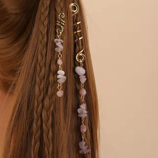 Boho Natural Stone Hair Chain - Rose Quartz Beaded Braid Hair Wrap with Gold Spiral Clasp, Light Purple Long Dangling Hair Accessory Set of 2