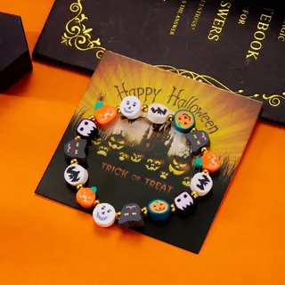 Halloween Beaded Bracelet - Handmade Polymer Clay Pumpkin Ghost Skull Cat Spider Witch Charm Bracelet, 18cm, Trick or Treat Party & Cosplay Gift