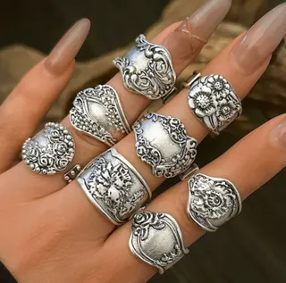 Vintage Oxidized Silver Wide Ring Set, Engraved Floral Open Bangle Rings, Bohemian Adjustable Finger Bands, Hypoallergenic Alloy Jewelry for Women