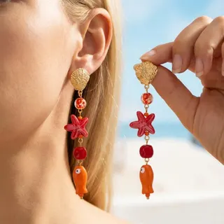 Boho Ocean Dangle Earrings - Shell Starfish Fish Bead Drop Earrings, Gold Alloy + Acrylic + Ceramic, 9x1.8cm, Beach Vacation Jewelry for Women