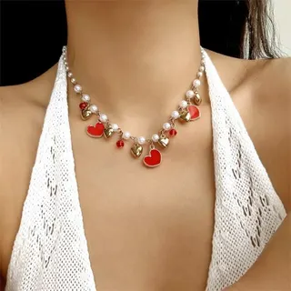 Cherry Strawberry Heart Pearl Necklace - Sweet Girl Style 18K Gold Plated Choker with Imitation Pearls & Red Cherry Beads, 38+5cm Adjustable Clavicle Chain for Date Vacation Gift