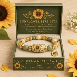 Sunflower Beaded Bracelet - Glass & Alloy, Vintage Healing Style, Painted Center Bead with Sunflower Charm, ~18cm, Limited 2026 Gift Box, Perfect Gift for Her