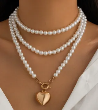 French Vintage Multi-Layer Pearl Necklace with 18K Gold Plated Heart Pendant, 120cm Long Layered Choker Chain, Elegant Bridal & Daily Jewelry for Women
