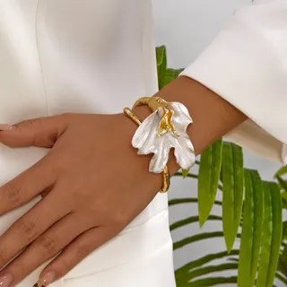 Statement Orchid Flower Cuff Bracelet - Gold Tone Alloy with White Petal Design, Open Adjustable Bangle, French Vintage Art Jewelry for Women