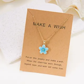 Blue Cherry Blossom Flower Pendant Necklace for Women, Alloy Electroplated Delicate Clavicle Chain, Sweet Kawaii Style with Wish Card Gift Packaging