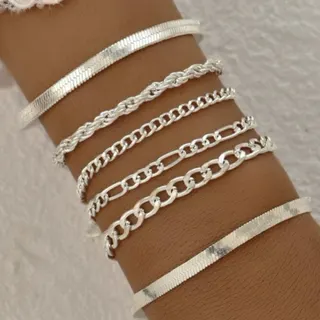 6-Piece Gold Layered Bracelet Set, 18K Gold Plated Iron, Hammered Blade & Cuban Chain Stackable Bangles, Minimalist Jewelry for Women