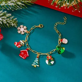 Christmas Necklace for Women, Cute Santa House Tree Bell Multi-Charms Alloy Enamel Pendant Choker, Holiday Gift Gold 38+5cm