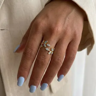 French Vintage Blue Leaf Ring - 18K Gold Plated Copper Branch Vine Ring with Blue Stone Inlay, 1.8cm Delicate Open Band for Women