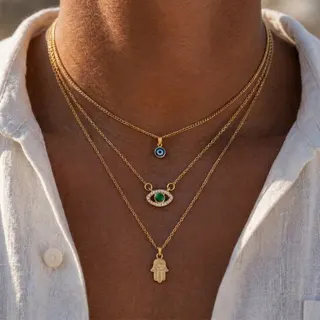 3-Layer Gold Hamsa Hand & Evil Eye Necklace, Rhinestone Evil Eye Pendant, Boho Layered Chain Necklace for Women, 18K Gold Plated Alloy, Lucky Charm Jewelry
