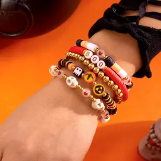 Halloween Beaded Bracelet Set 5pcs - Pumpkin Ghost BOO Letter Stretch Bracelets, Resin & Clay Cute Party Jewelry for Women Girls, Orange Adjustable Wristband