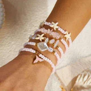 Pink Mermaid Tail & Starfish Beaded Bracelet Set of 5 - Pearl & Baroque Stone Stackable Strand Bracelets, 18cm, Gold-Plated Alloy, Beach Vacation Jewelry for Women