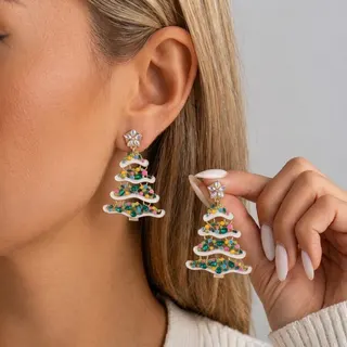 Christmas Tree Earrings for Women, Colorful Rhinestone & Enamel Dots, White Outlined Layered Dangle Earrings, Alloy Holiday Jewelry Gift, Approx 7cm