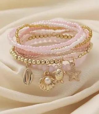 Ocean Vacation Dolphin Beaded Bracelet Set, Pink Seed Bead Multi-Strand Elastic Bracelet with Shell Pearl & Starfish Charms, 9-Piece Boho Beach Jewelry for Women